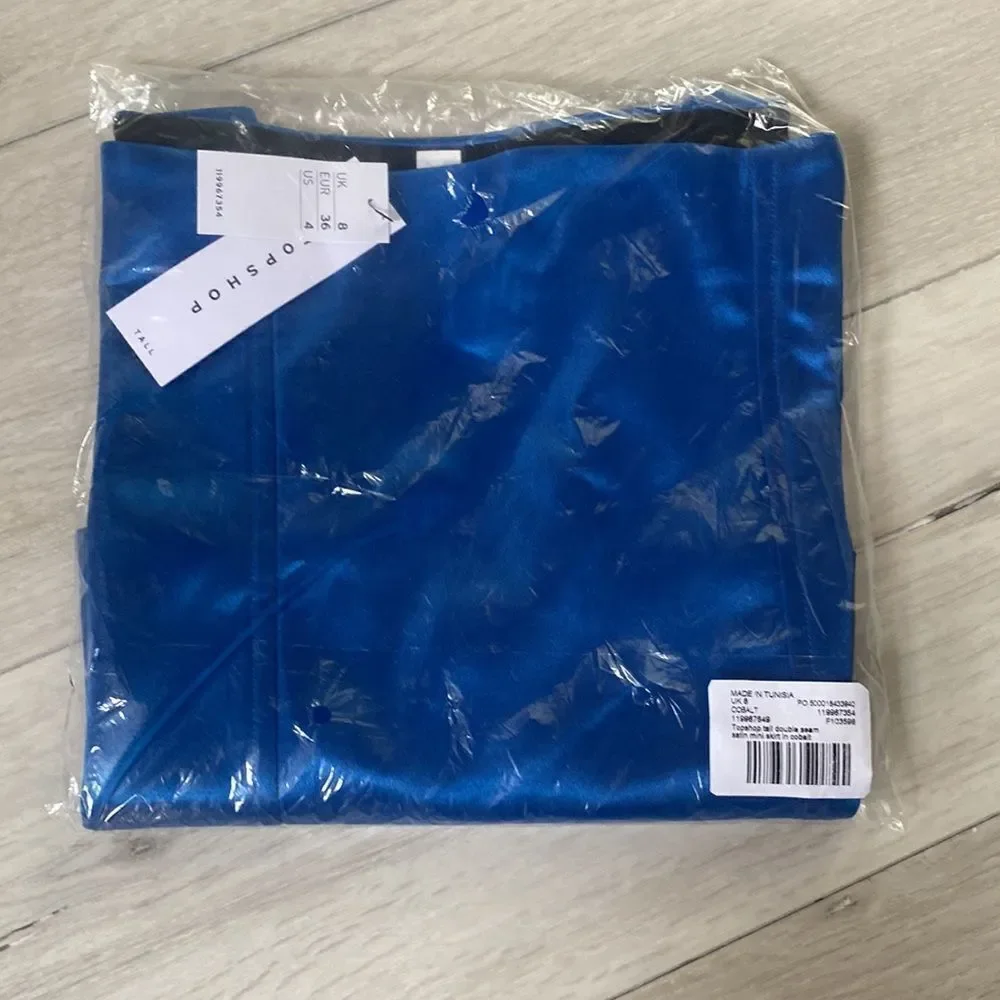 Topshop Tall double seam satin mini skirt in cobalt 4‎ NWT in packaging